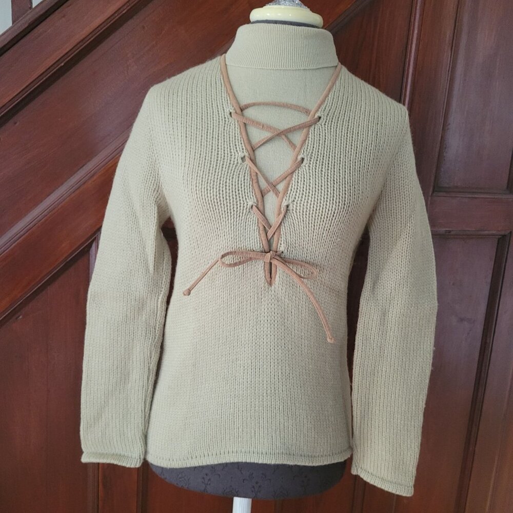 Vintage Garland Rugglespun Beige Knit Sweater With Lace-Up Front & Turtleneck wo